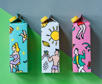 果汁飲料包裝設(shè)計，繪出了三組創(chuàng)意插畫，插畫吸取了波普藝術(shù)的風格特色