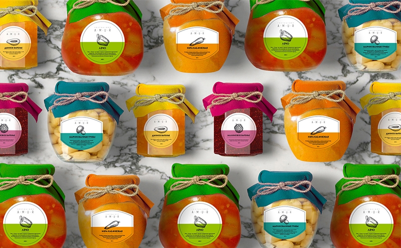 罐裝食品插畫包裝設(shè)計(jì)-覆盆子果醬,瓜果醬,腌制蘑菇,蔬菜魚子醬和檸檬汁